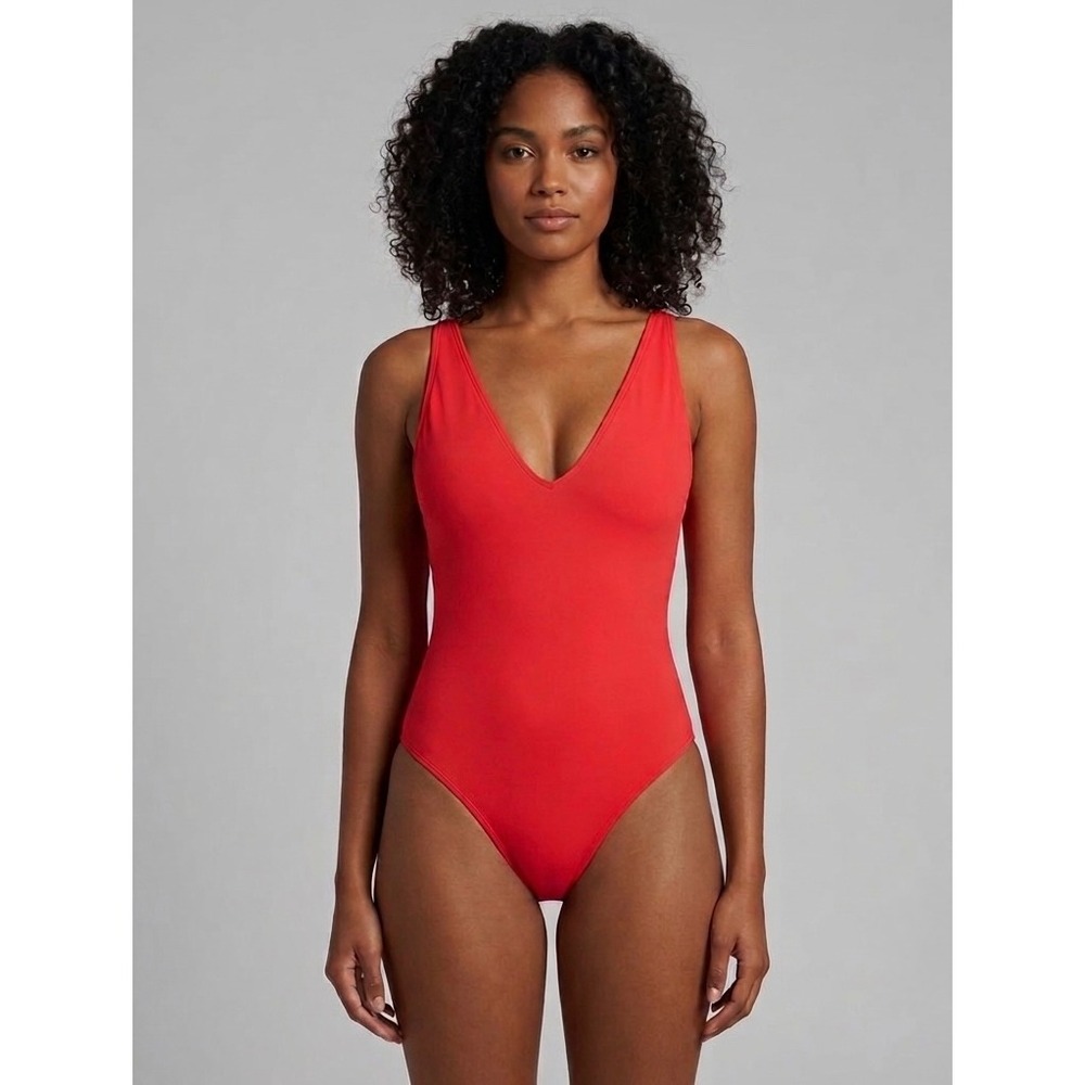 TA3 Plungey One Piece Swimsuit Red Lace-Up Back Large‎ Short NWT